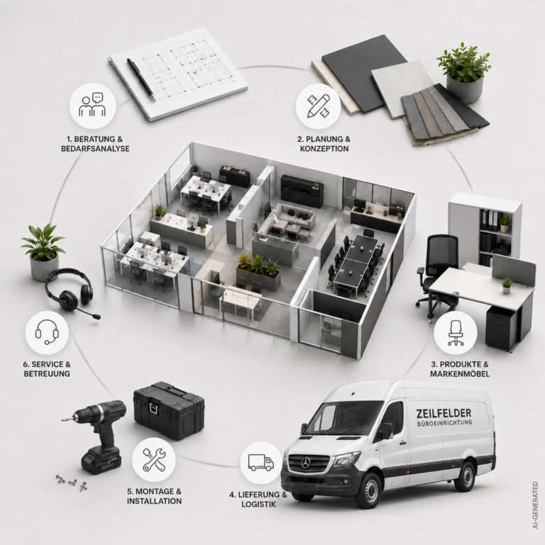 Prozessgrafik: Beratung, Planung, Produkte, Lieferung, Montage, Service