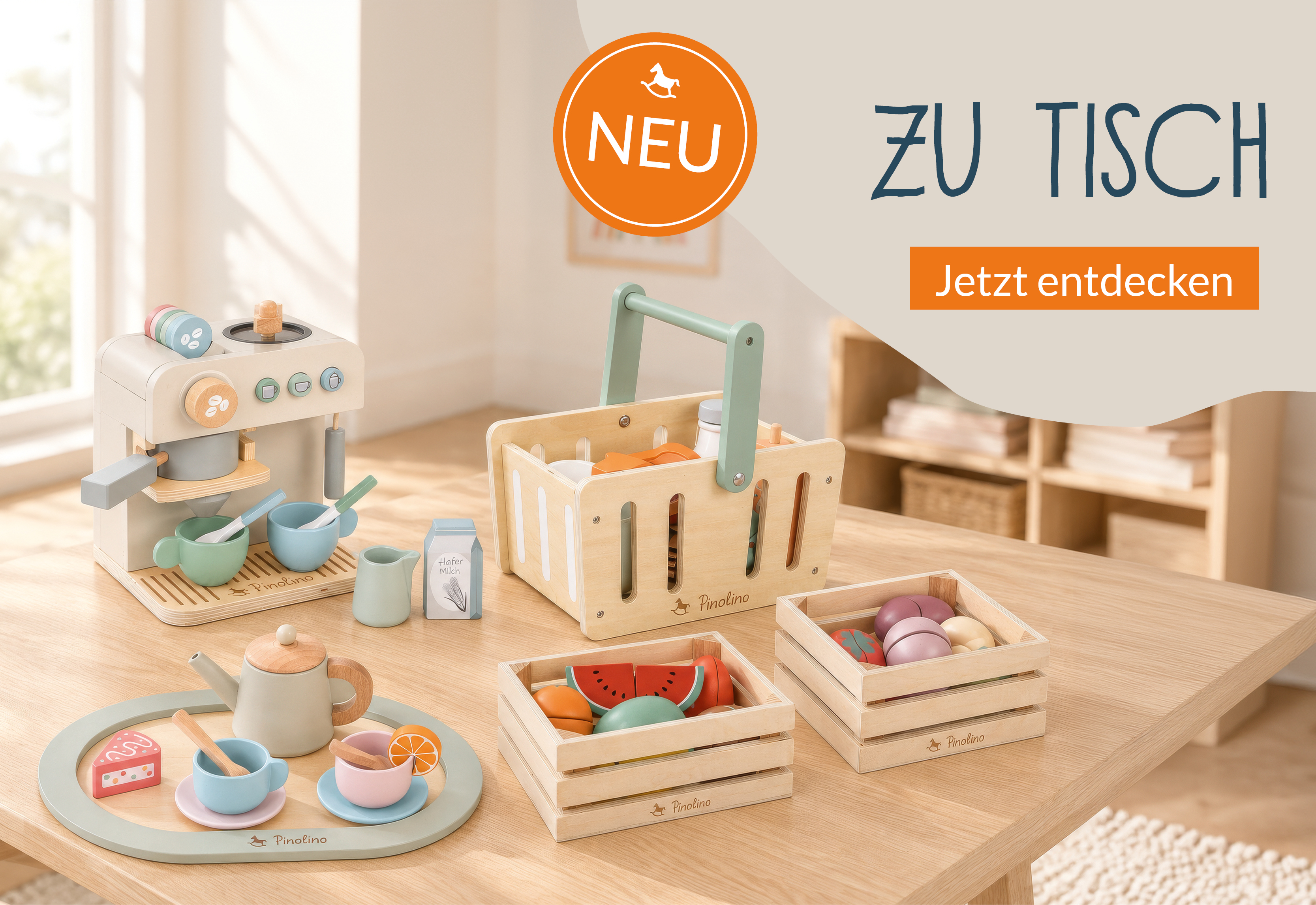 Play kitchen accessories: coffee machine, picnic basket and tea set
