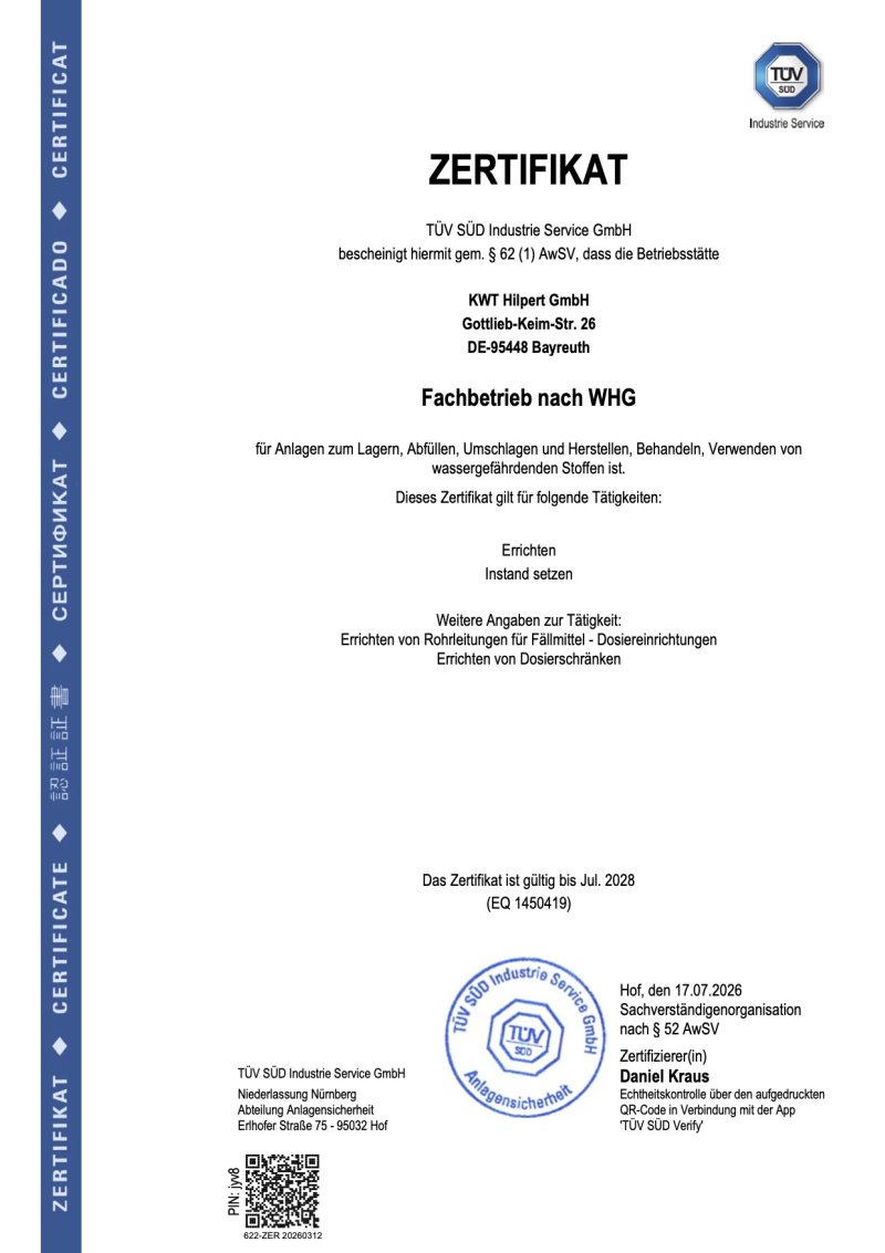 Fachbetriebs-Zertifikat nach WHG (TÜV SÜD)