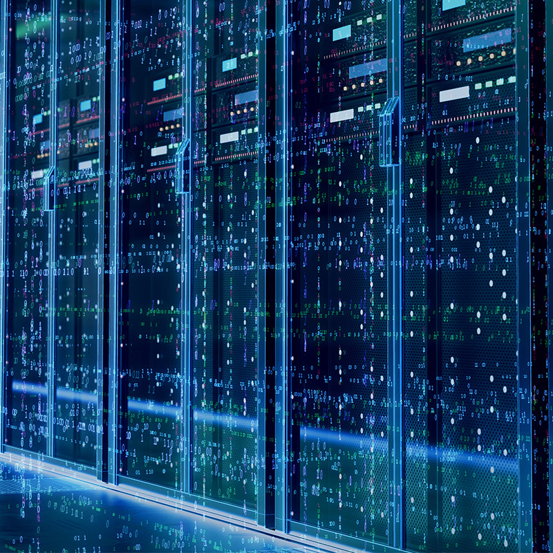 Data Science – Serverraum mit Datenvisualisierung