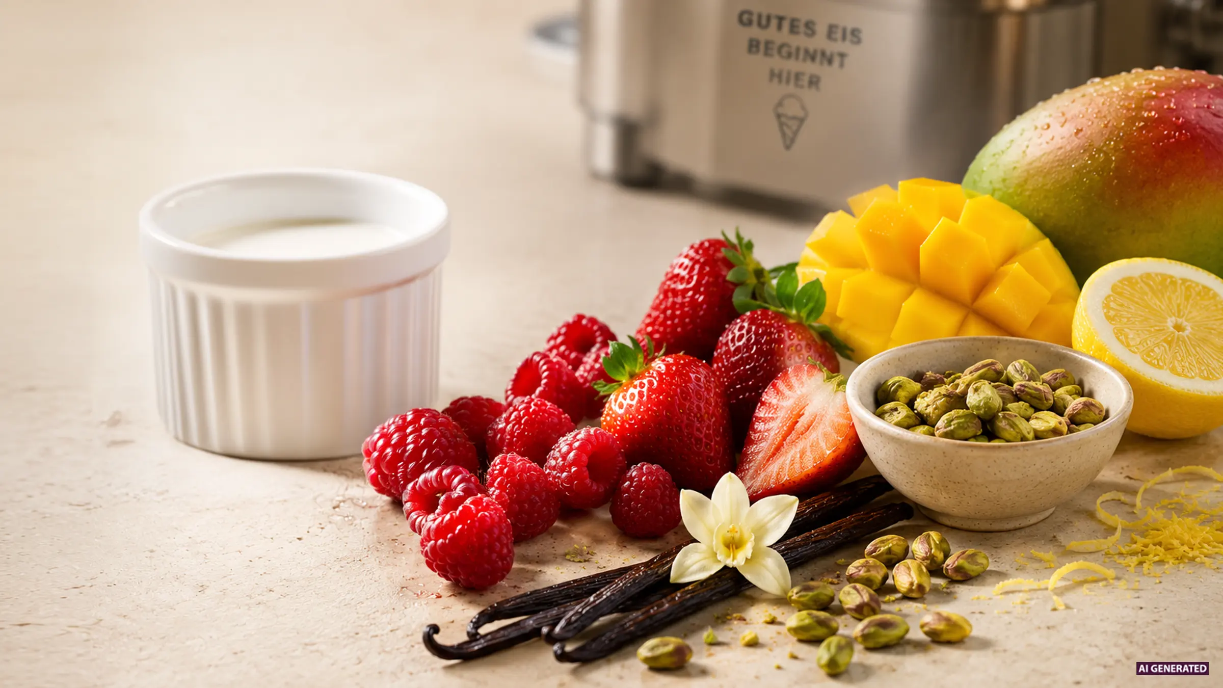 Zutaten wie Erdbeeren, Pistazien, Vanilleschoten und Zitrone