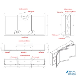 Maßzeichnung Spiegelschrank Milano 120 cm