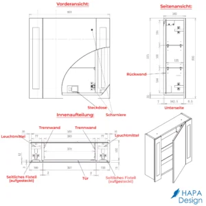 Maßzeichnung Spiegelschrank Venedig 60 cm