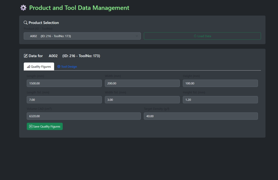 Dashboard für Werkzeug- und Produktdaten