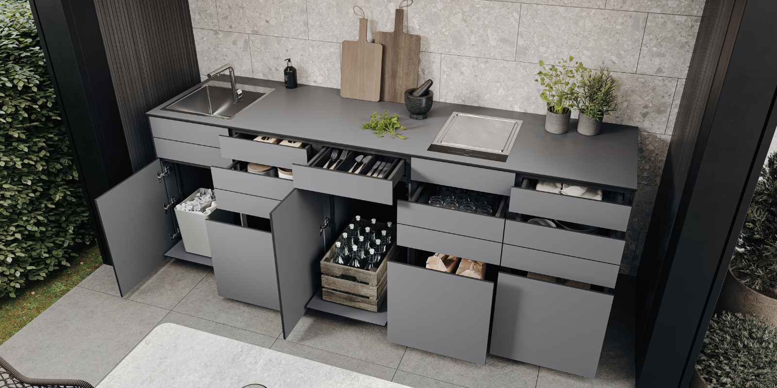 Outdoorküche mit Teppanyaki-Grill, modular aufgebaut