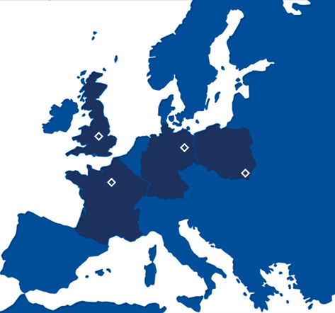 Standortkarte der AGI-Standorte in Frankreich, UK, Deutschland und Polen