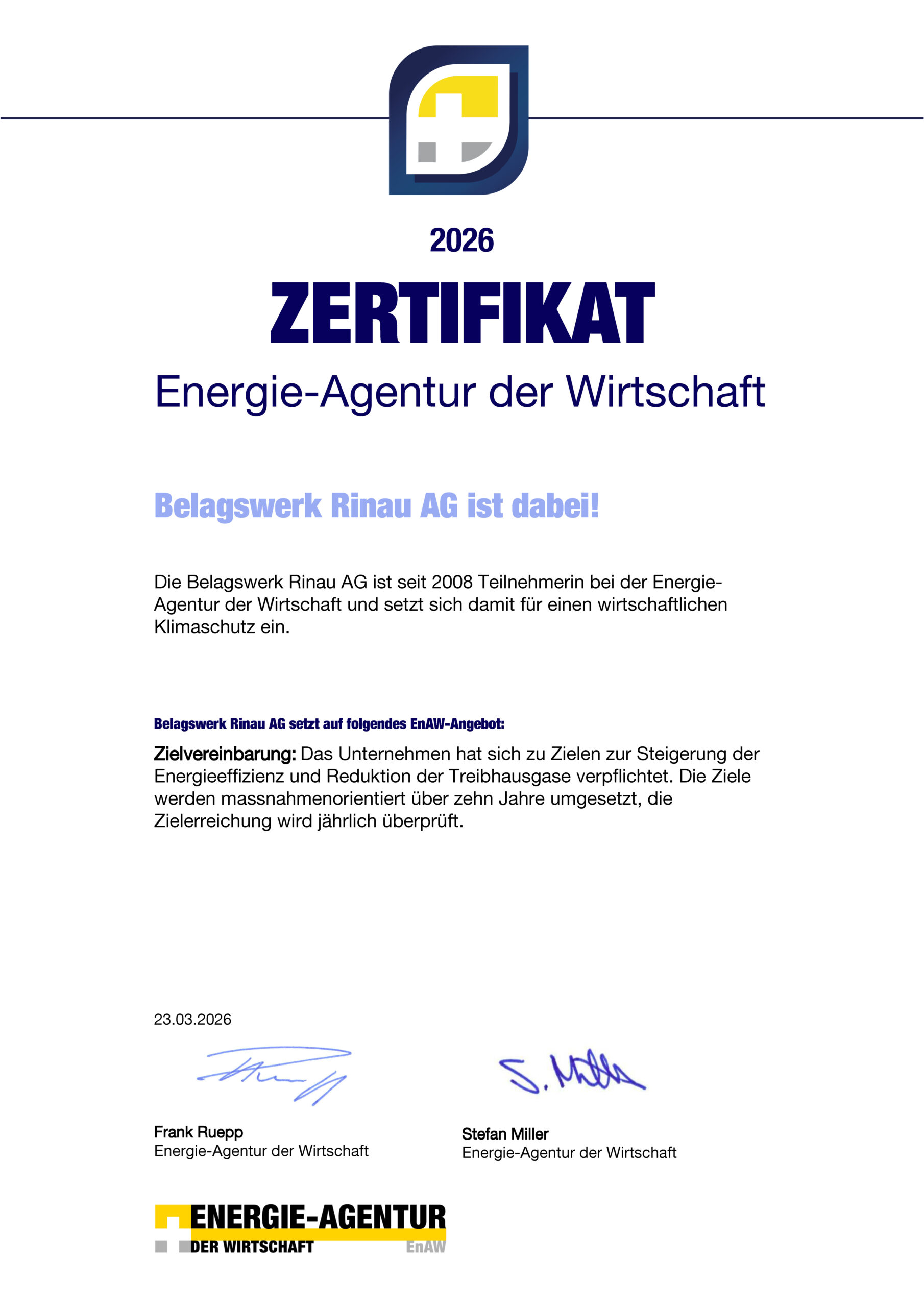 EnAW-Zertifikat 2026, Energie-Agentur der Wirtschaft