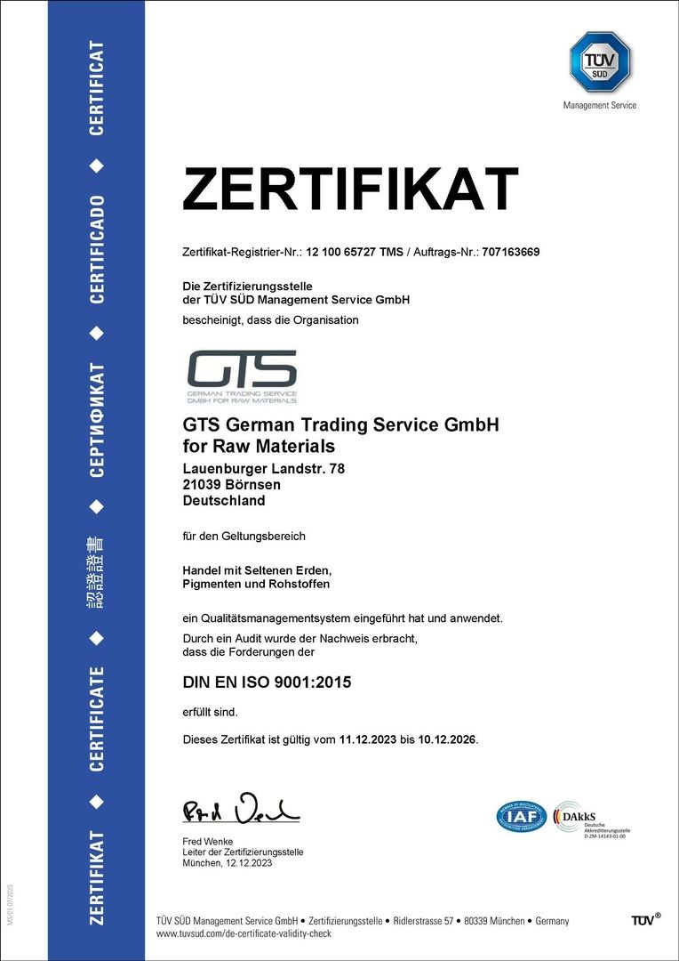 ISO 9001:2015 Zertifikat, TÜV SÜD, gültig bis 10.12.2026