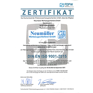 FDPW certificate Neumüller Werkzeugschleiferei