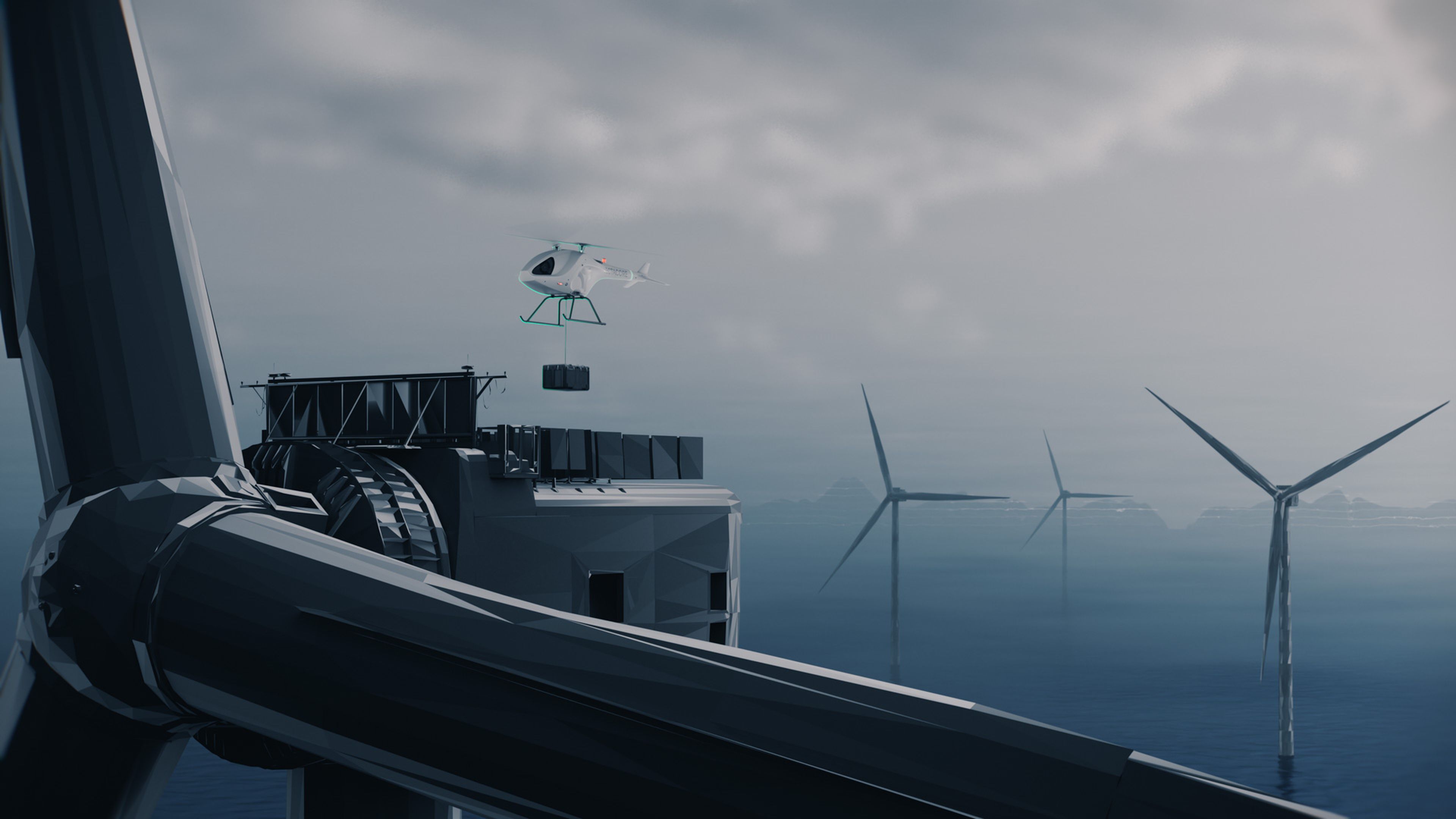 VC-35G mit Fracht am Lastbügel an Offshore-Windturbine