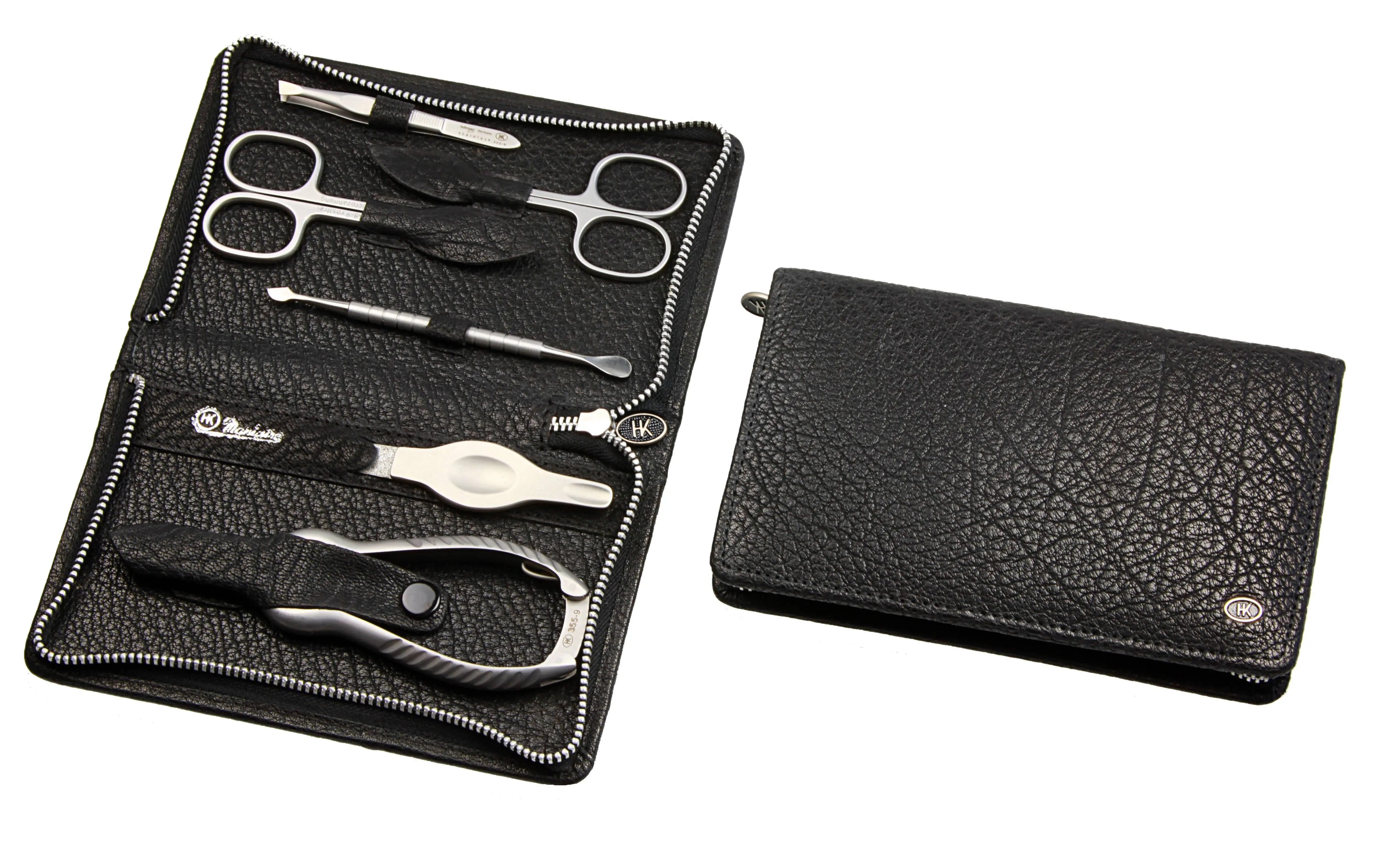 Manicure-Etui mit Metall-Reißverschluss, Büffelleder schwarz