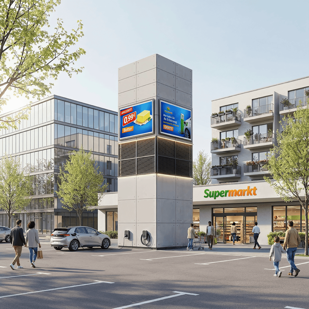 Klimaturm auf Parkplatz mit Werbe-Bildschirm