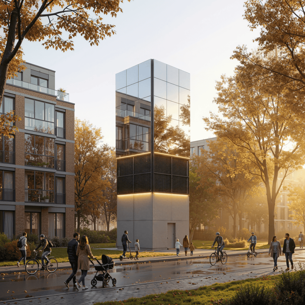 KI-Visualisierung: Klimaturm mit verspiegelter Fassade