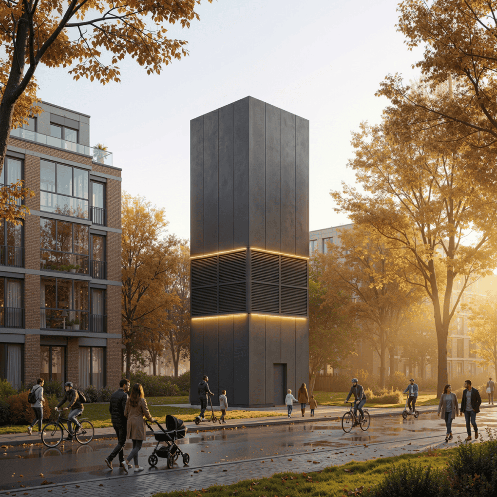 Klimaturm mit anthrazitfarbener Sandwichfassade