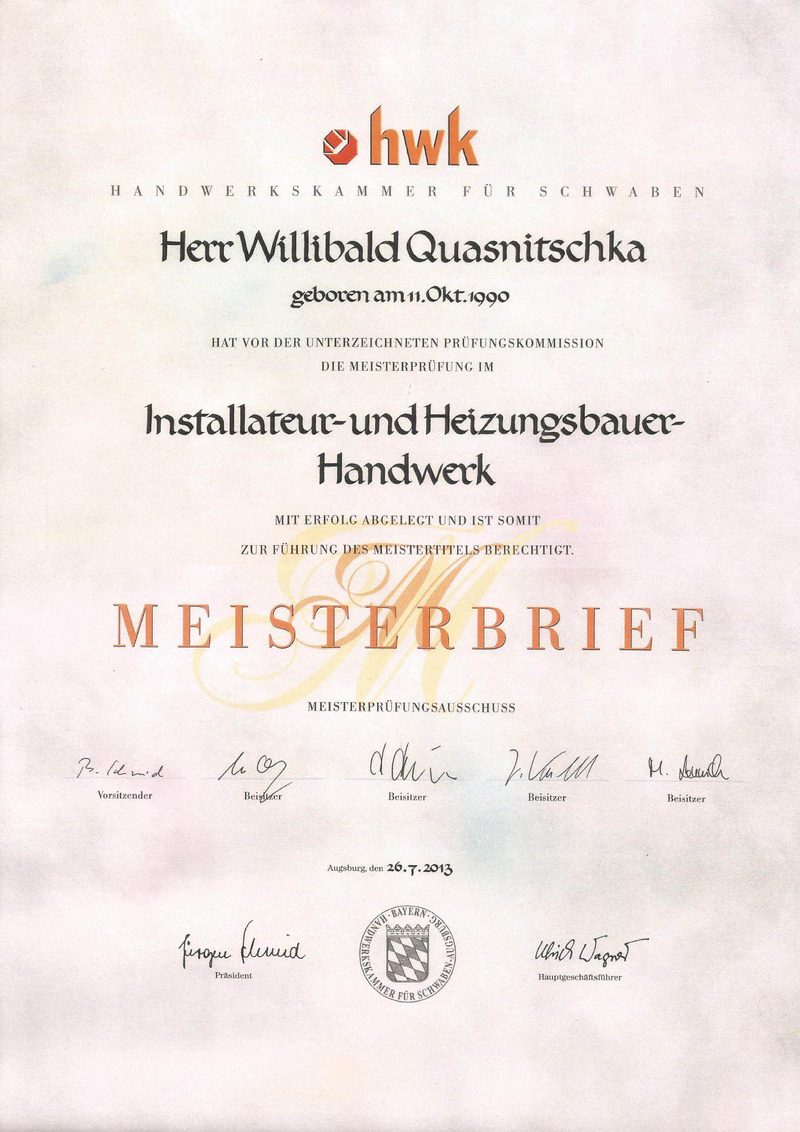 Meisterbrief Installateur- und Heizungsbauer-Handwerk, Handwerkskammer für