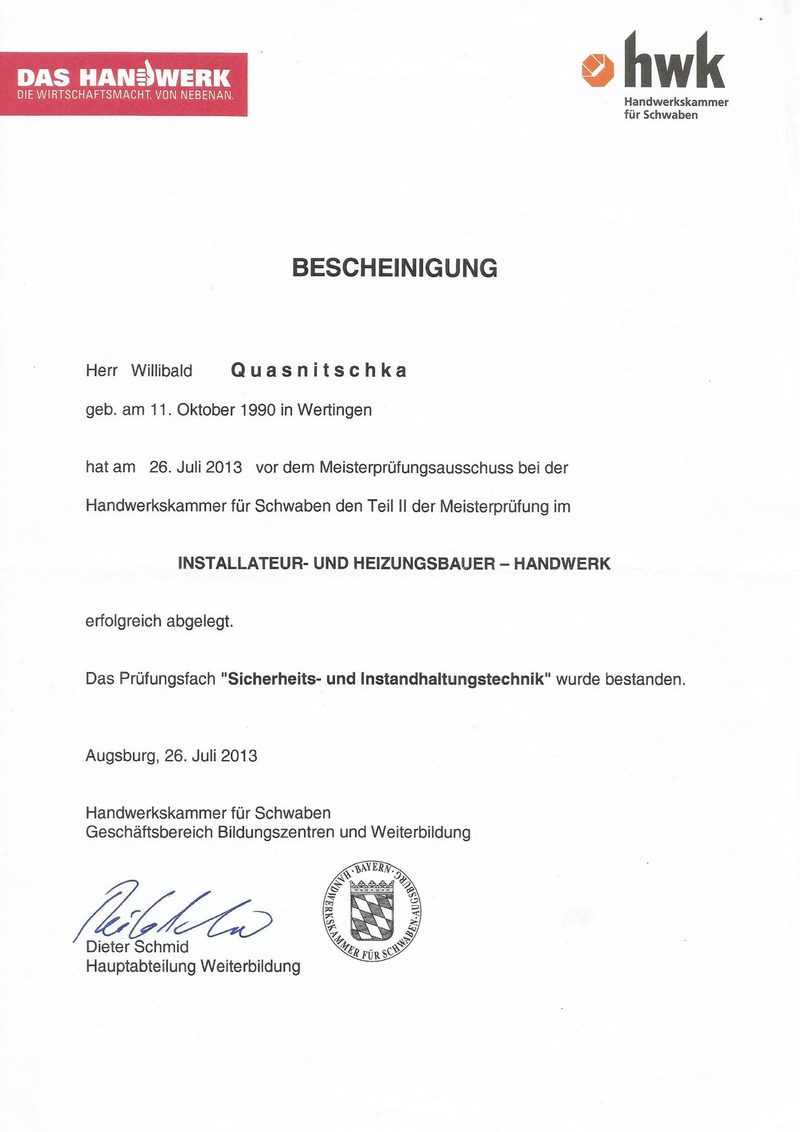 Bescheinigung der bestandenen Meisterprüfung, Handwerkskammer für Schwaben