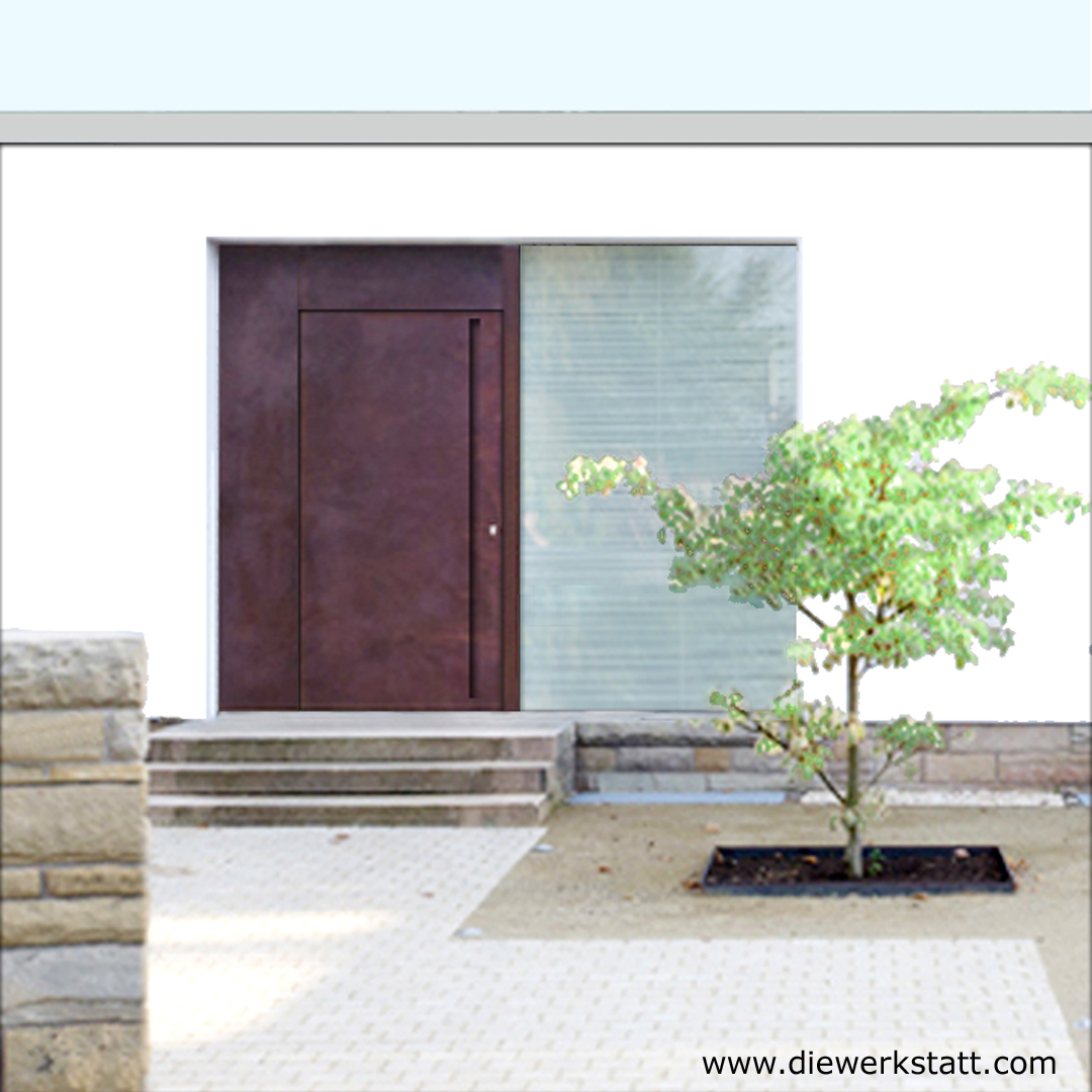 Haustür aus Cortenstahl im Bauhausstil, eingebaut in Trier