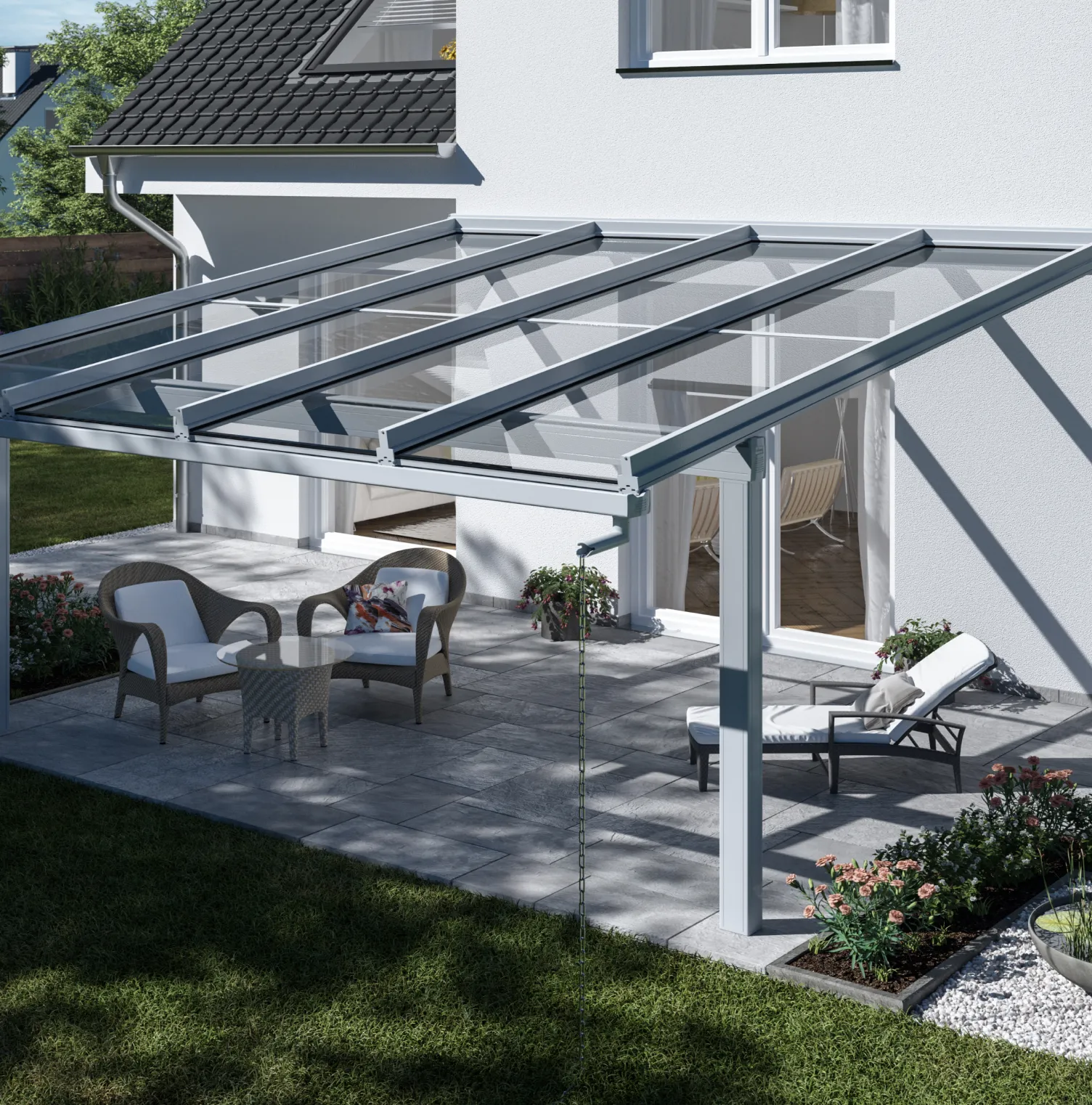 Murano Puro – schlankes Glasdach mit integrierter Wasserableitung