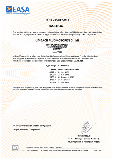 Type Certificate EASA.E.082 (L 1700)