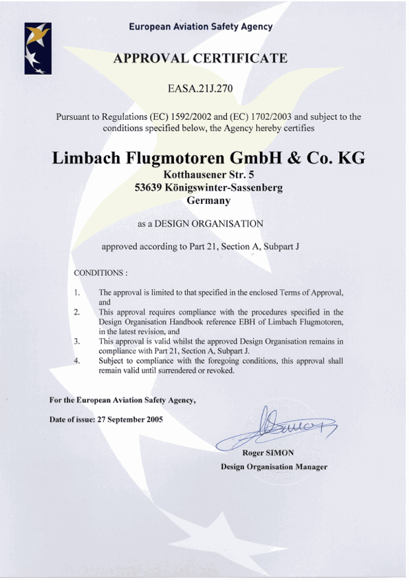 Approval Certificate EASA.21J.270