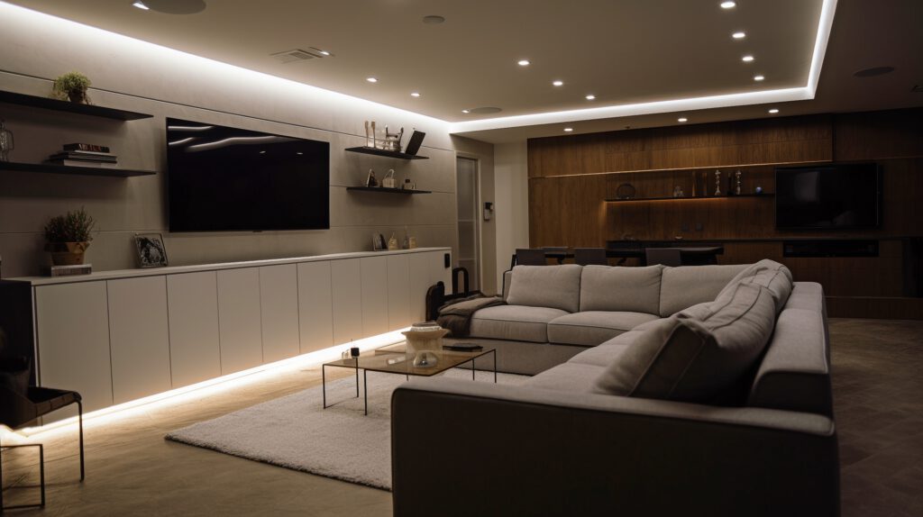 Wohnraum mit LED-Spots und indirekter Beleuchtung