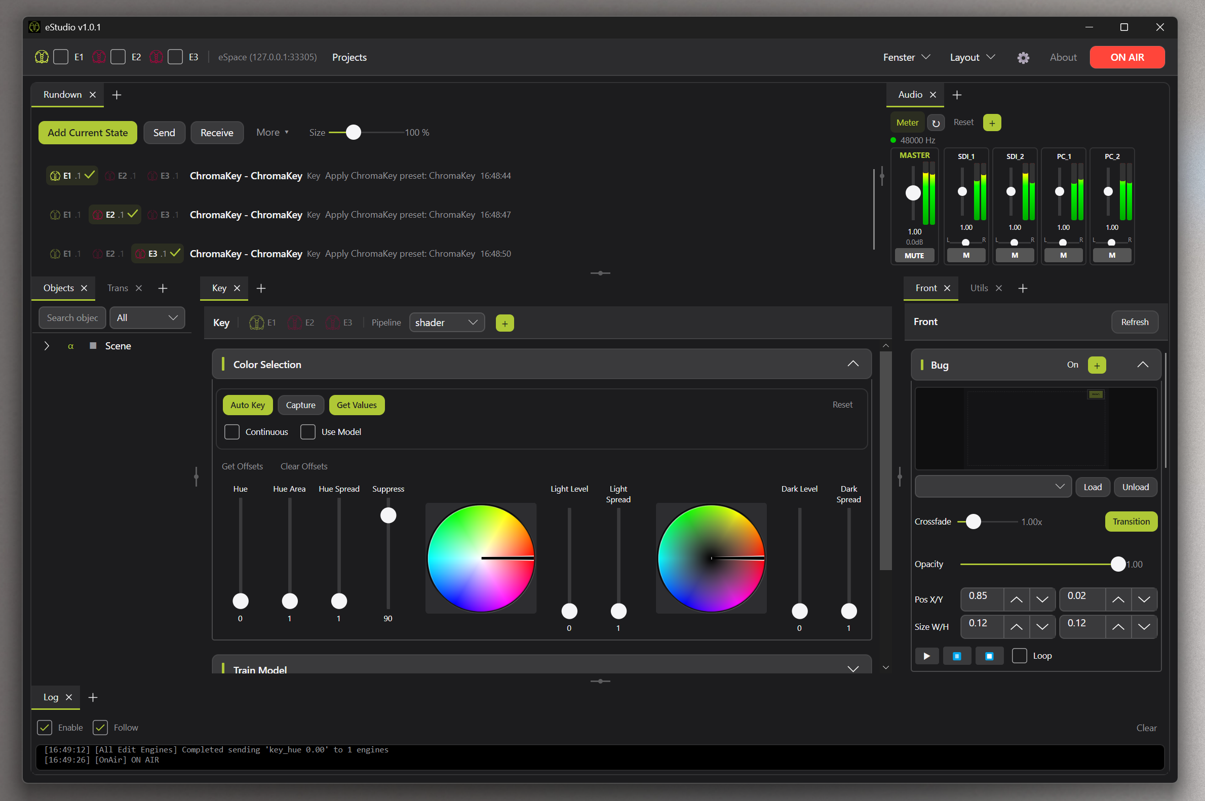 eStudio – Arbeitsfläche mit Rundown, Keying und Audio