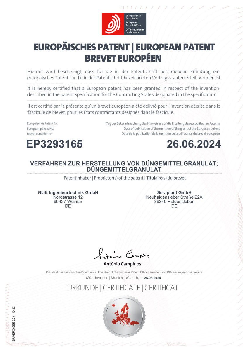 Patent-Urkunde EP3293165