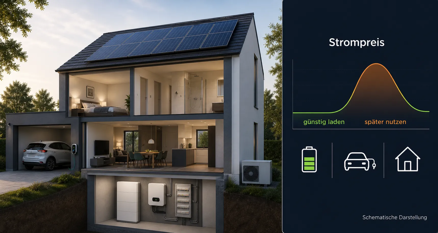 HEMS-Systemhaus mit PV, Wallbox, Wärmepumpe und Batteriespeicher