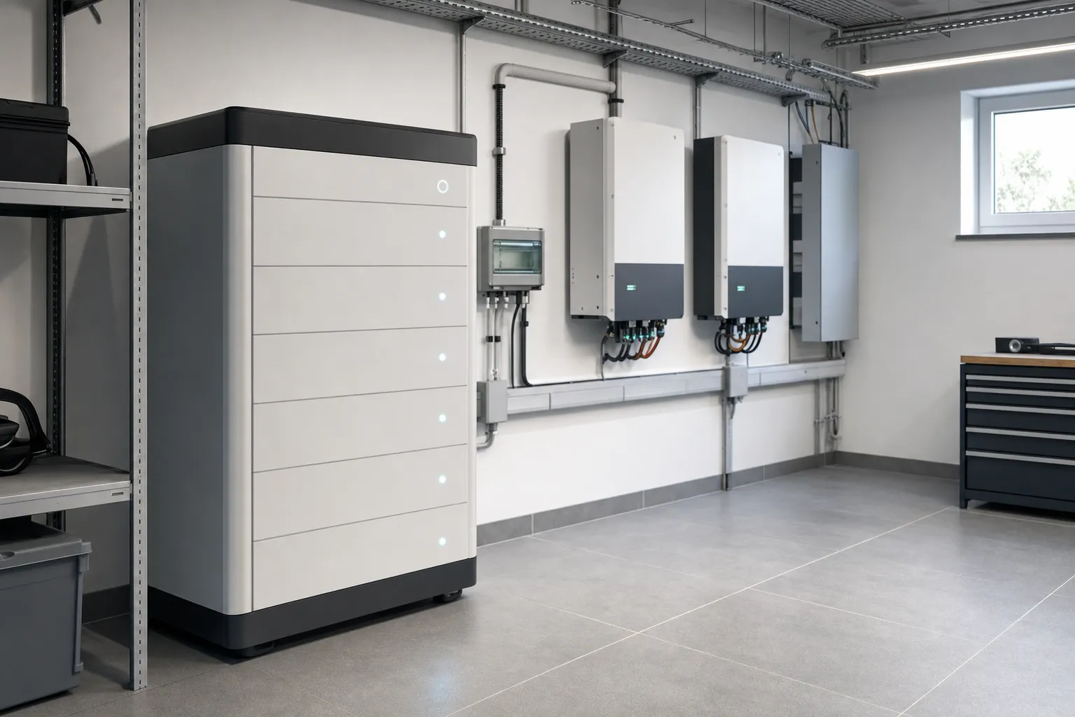 Batteriespeicher-System und Wechselrichter im Technikraum