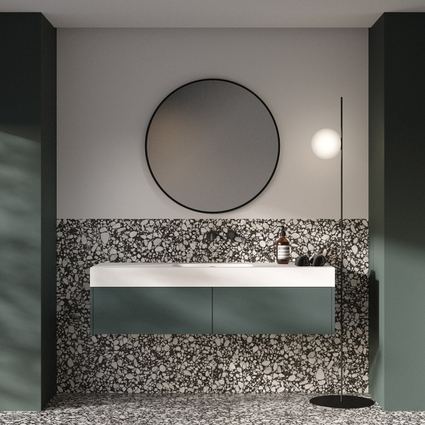 Terrazzo Master-Bad mit trendfarbenen Badmöbeln