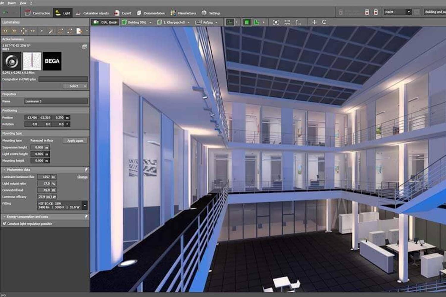 DIALux lighting planning (atrium light scene)