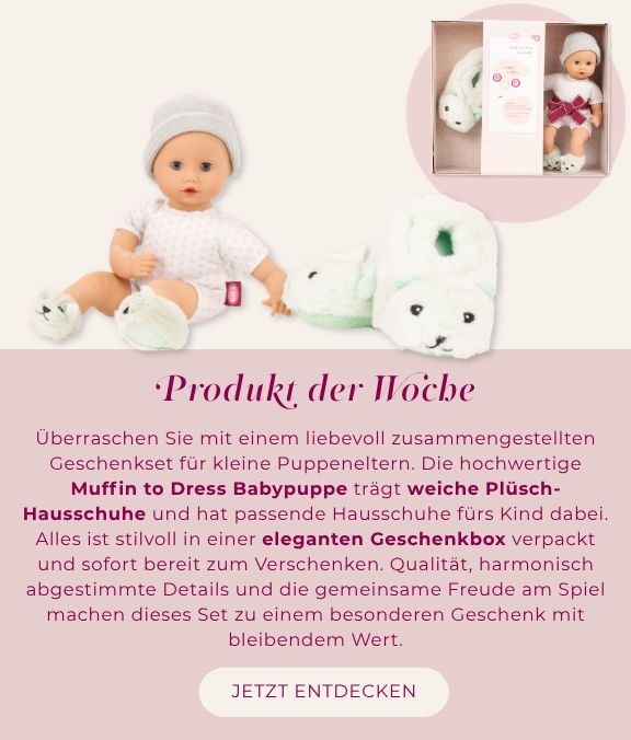 Babypuppe mit Schlafaugen und Plüschhausschuhen
