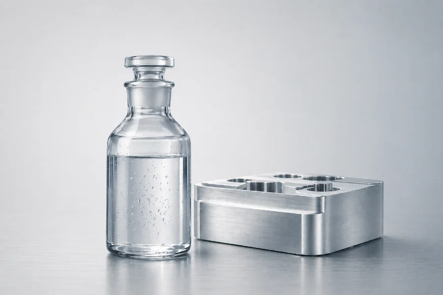 MMS-Kühlschmierstoff in Glasflasche an Aluminiumbauteil