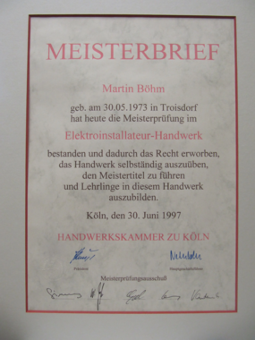 Meisterbrief Martin Böhm