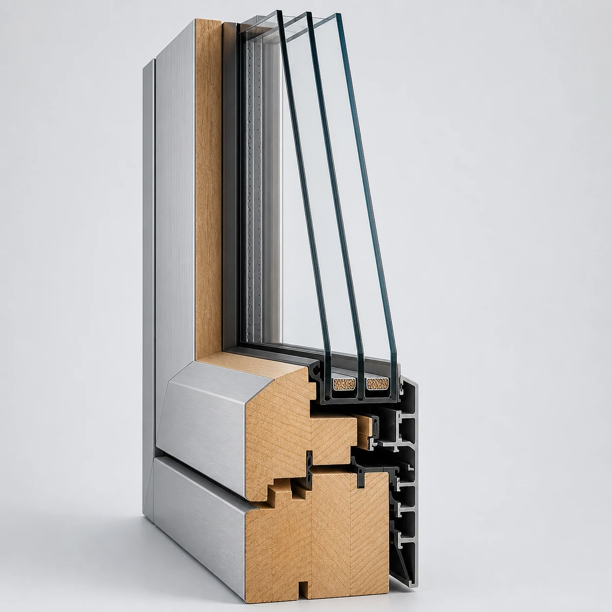 Querschnitt Holz-Alu-Fenster mit Dreifachverglasung und Glaskantenanschluss