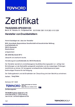 TÜV-Zertifikat AD 2000 HP 0