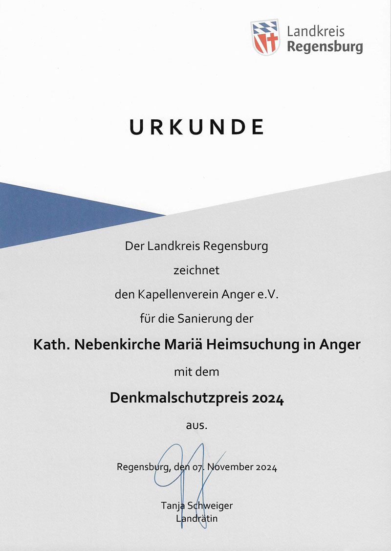 Denkmalschutzpreis für die Kapelle in Anger