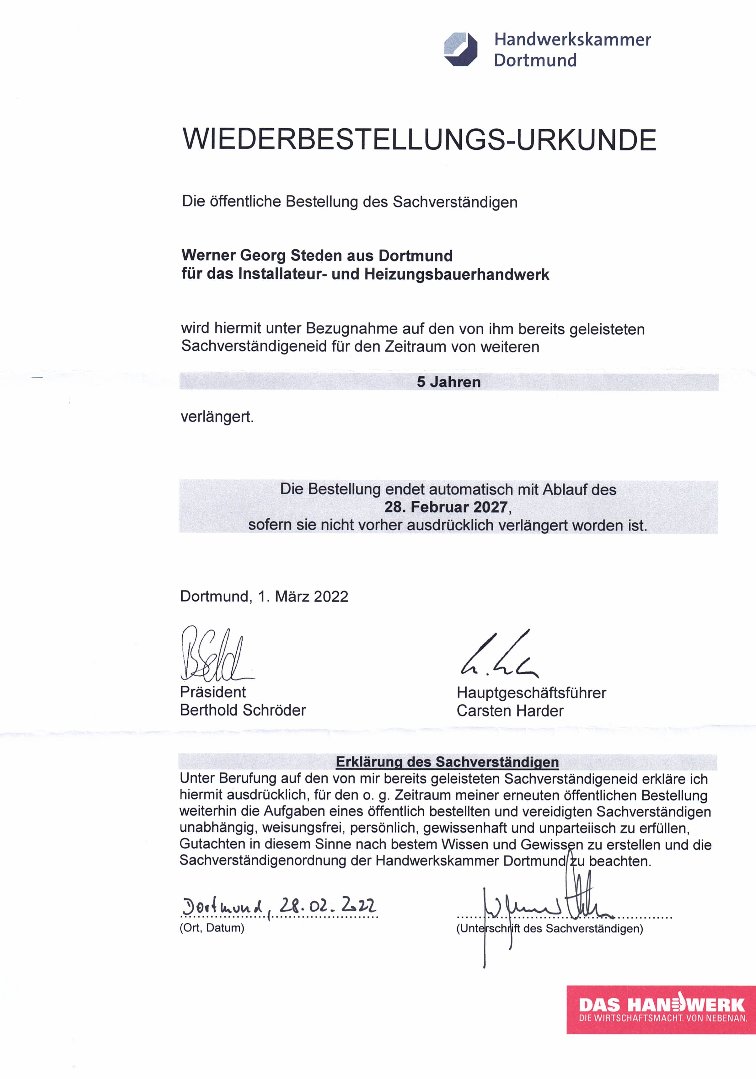 Wiederbestellungs-Urkunde der öffentlichen Bestellung