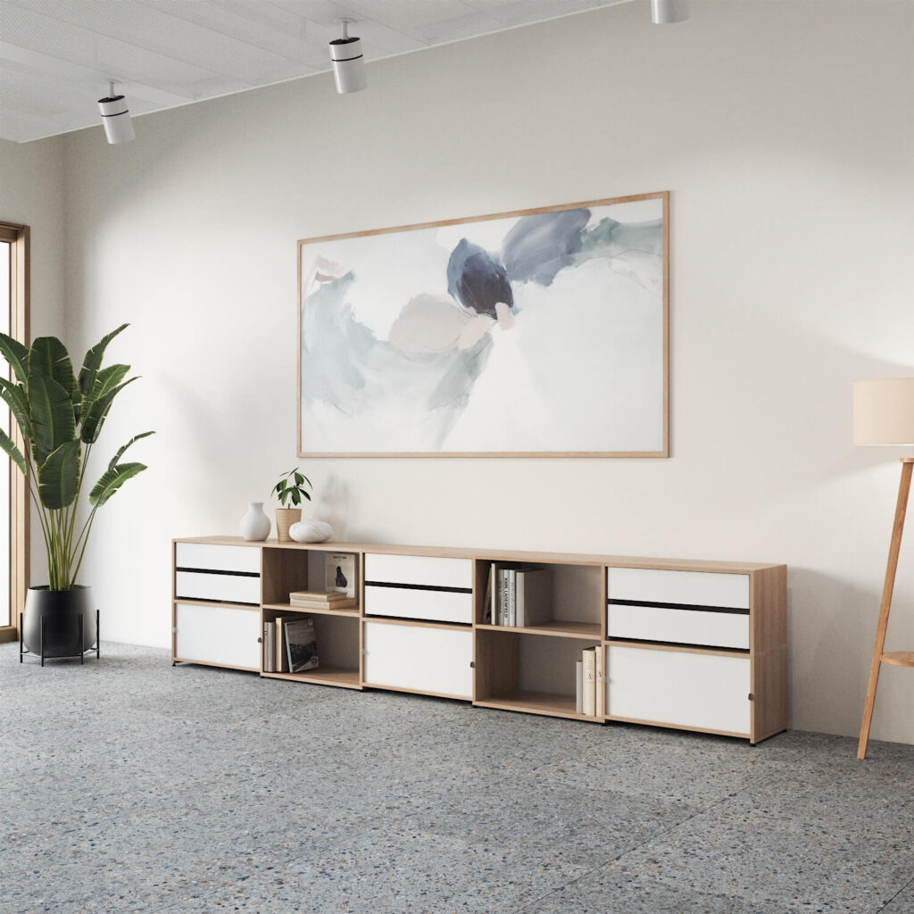 Büro-Sideboard mit Schubladen und Schiebetüren