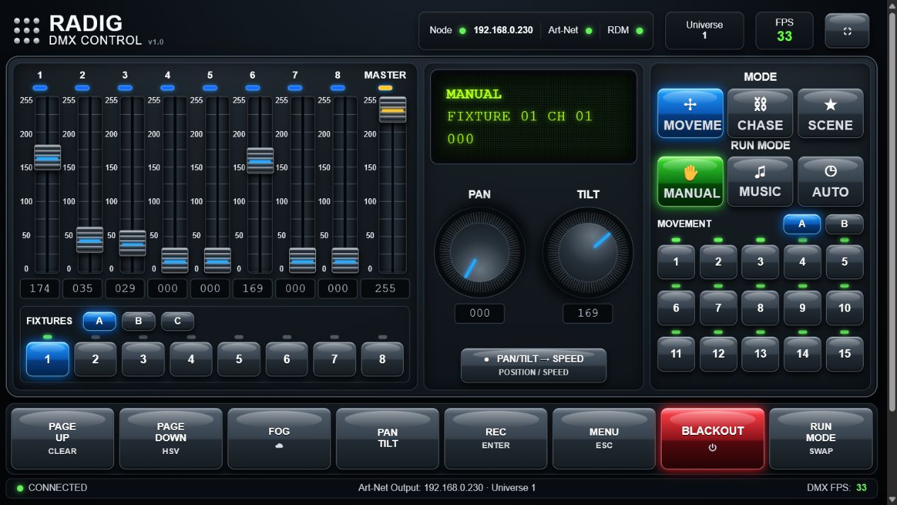 Radig DMX Control – browser-based lighting control with fixture patch and RDM