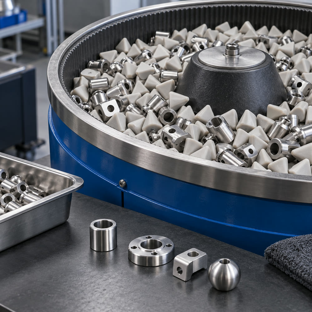 Metal parts and abrasive media in the vibratory finishing machine