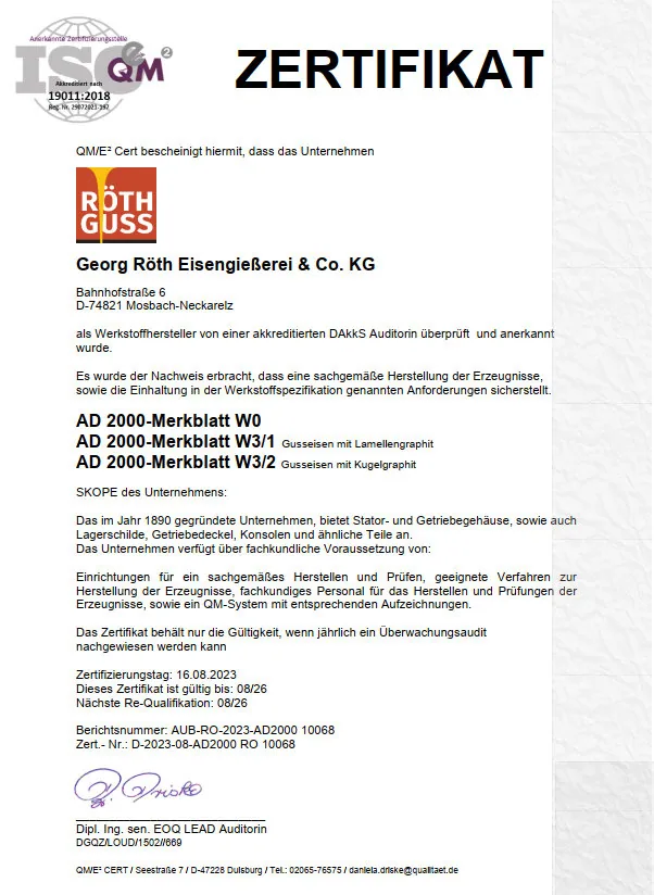 Zertifikat AD2000 (QM/E² Cert)