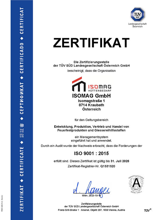 ISO 9001:2015-Zertifikat (TÜV SÜD, gültig bis 31.07.2026)