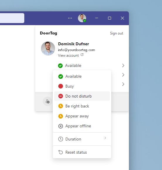 Synchronisation of the door sign with the Microsoft Teams status