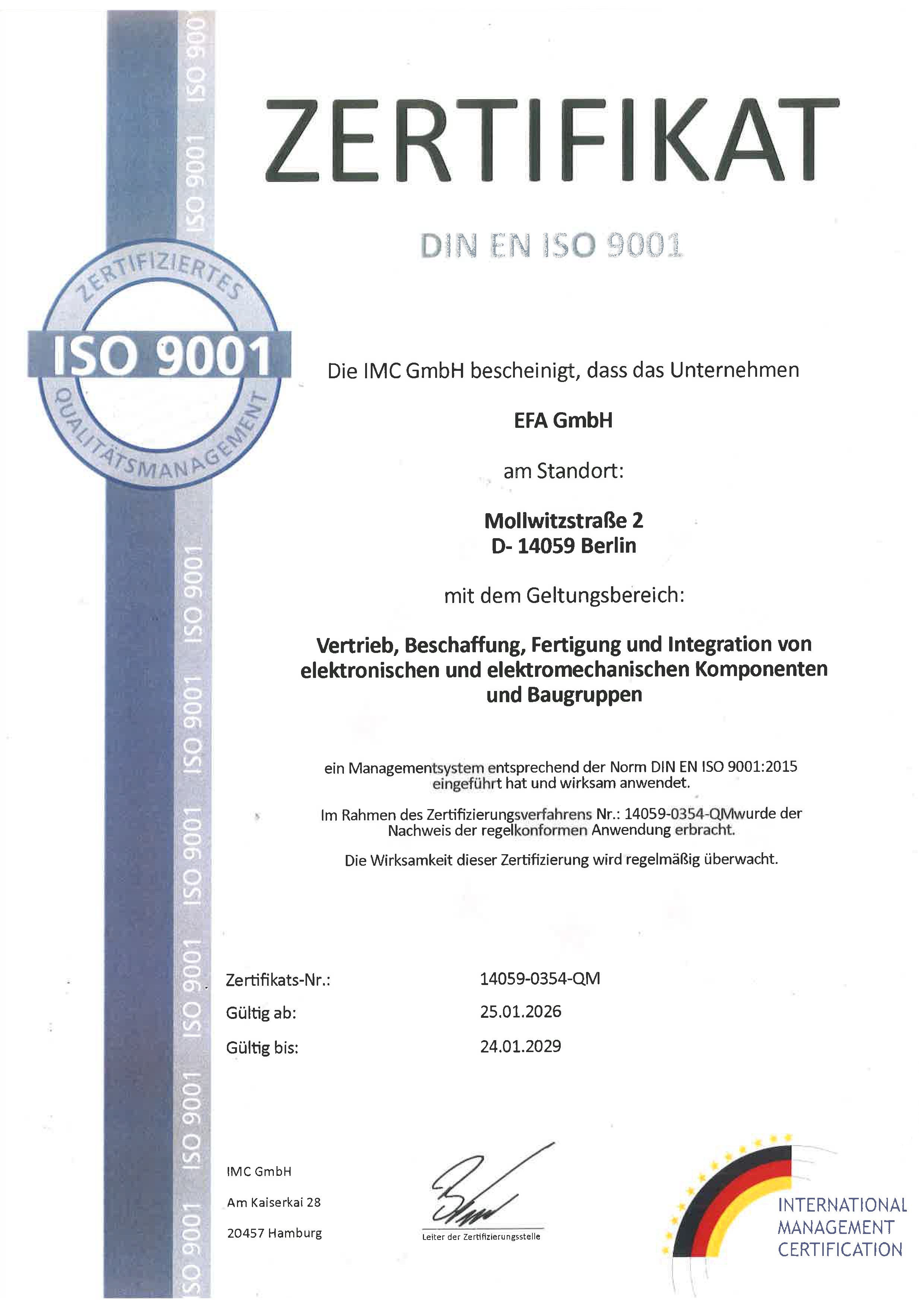 ISO 9001 Zertifikat der efa GmbH