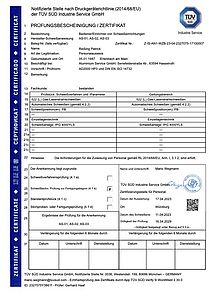 TÜV Prüfbescheinigung Laserschweißen
