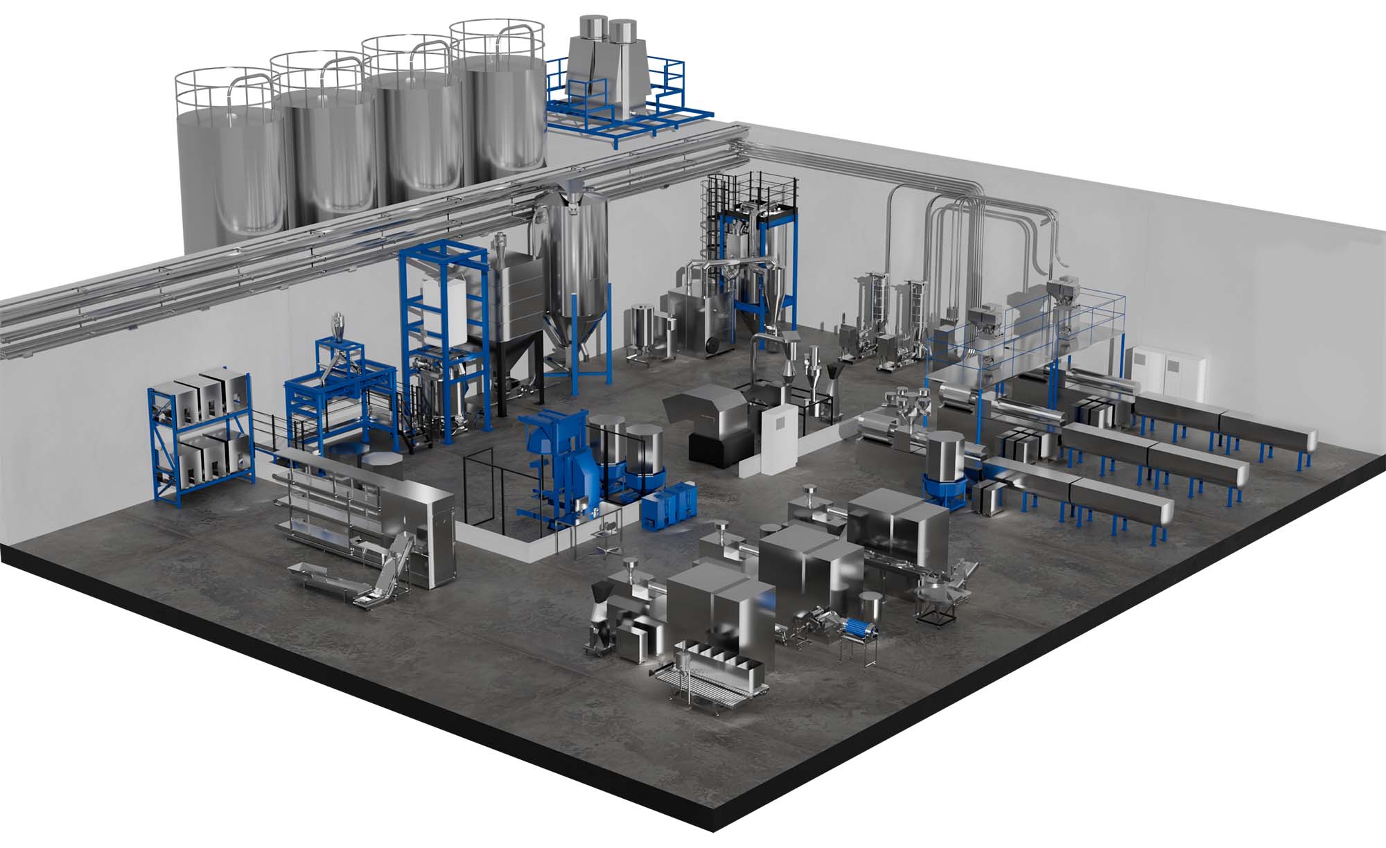3D-Planung einer kompletten Materialflussanlage mit Silo, Band, Granuliermühle und Oktabinwender