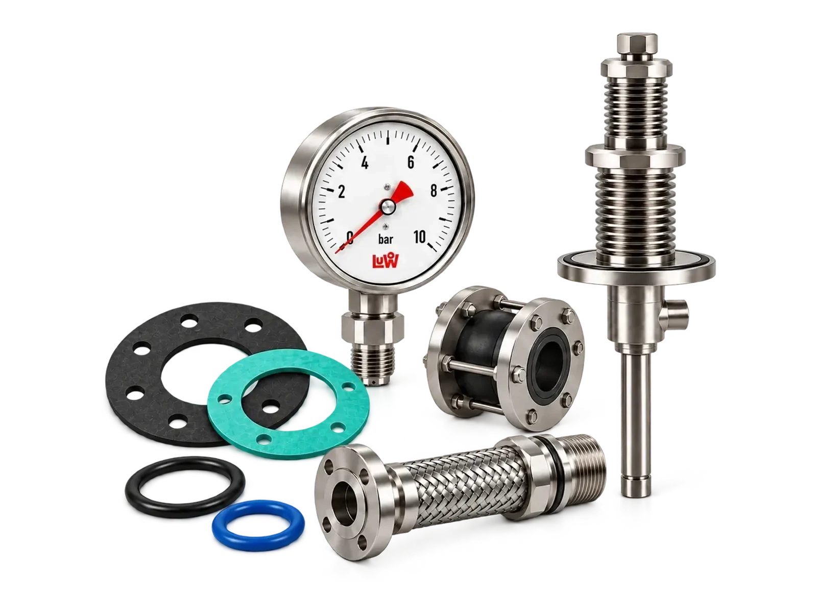 Ersatzteil-Sortiment: Manometer, Metallbalg, Kompensator, Wellschlauch