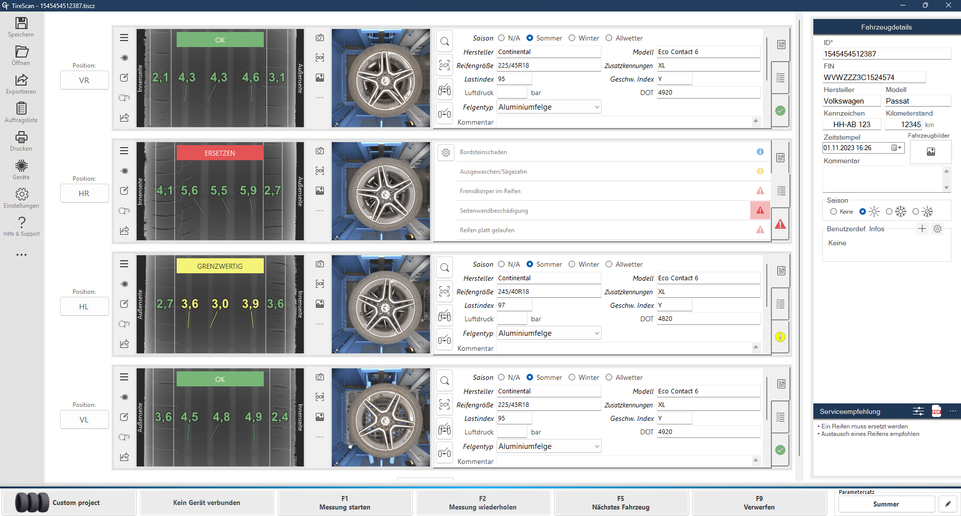 Tire Scan Software am Tire Scan Cube nach einer Messung