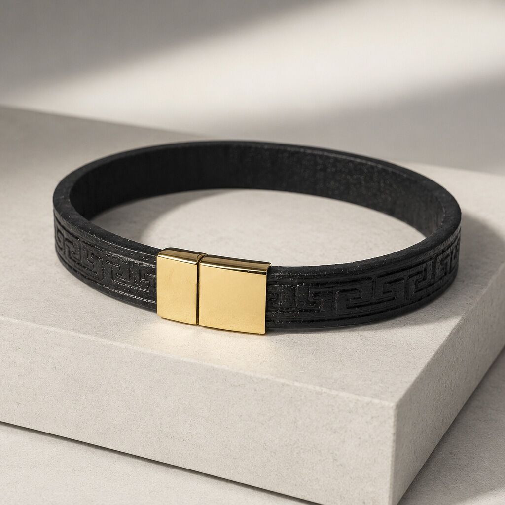 Men's black leather bracelet 21 cm with magnetic stainless steel clasp